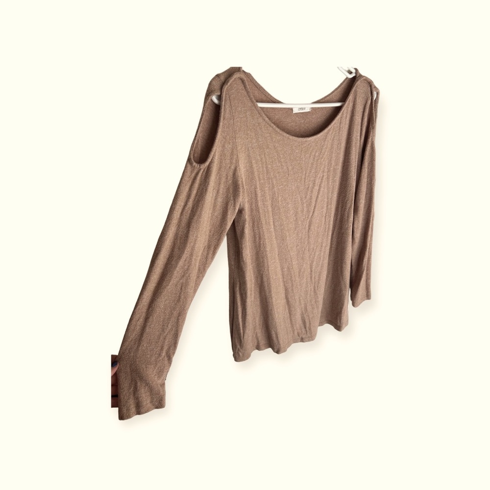 Cherish brand soft long sleeve shoulder cut out tan size large shirt